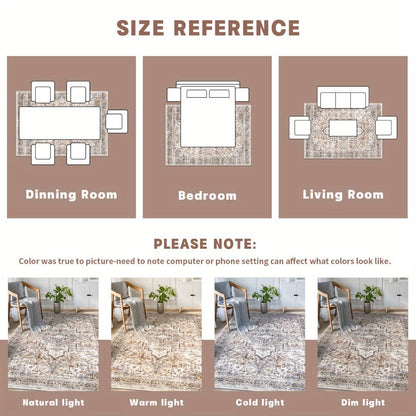 Area Rug Bohemian Retro Design in Beige or Grey with Six Foldable Machine-Washable Room Sizes