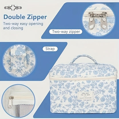 Three-Piece Floral Makeup Bag Set with Carry Handle, Gold-Color Zippers and Four Image-Bound Pattern Options