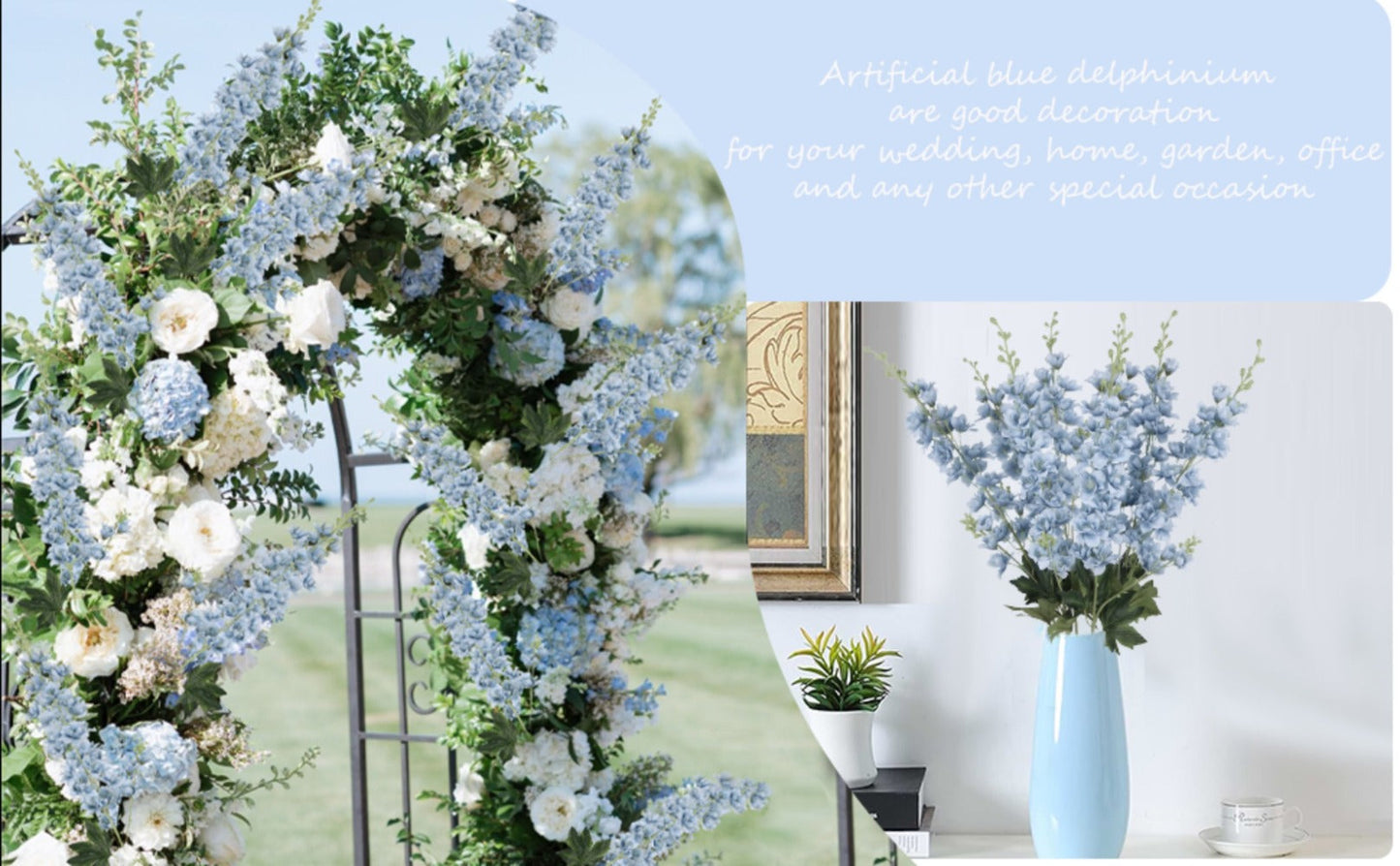 Artificial Flowers Eight-Piece Delphinium Larkspur Set with 33.5-Inch Silk Stems in 11 Colors