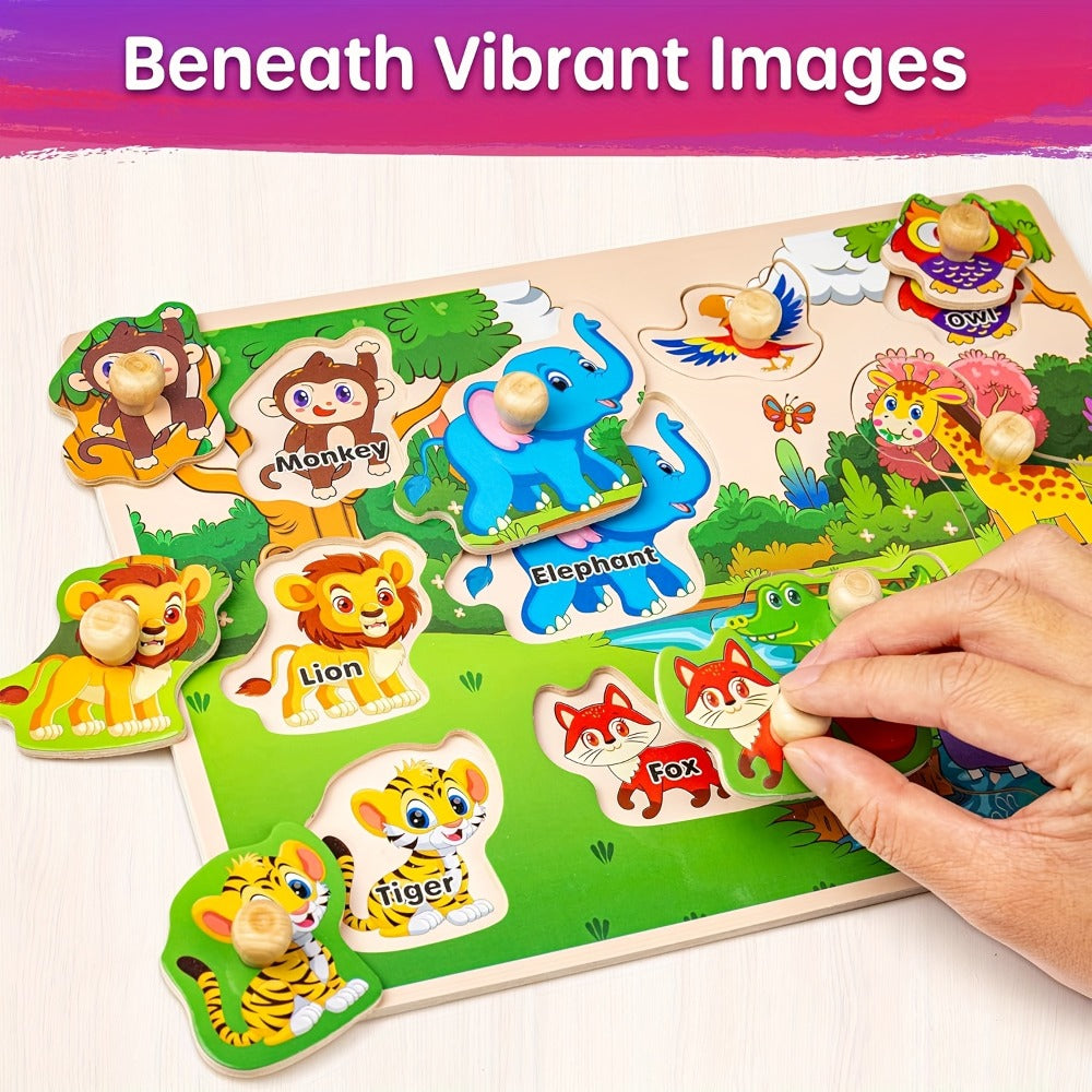 Six-Board Wooden Peg Puzzle Set with Metal Storage Rack and Scene or Animal Theme Checkout Options