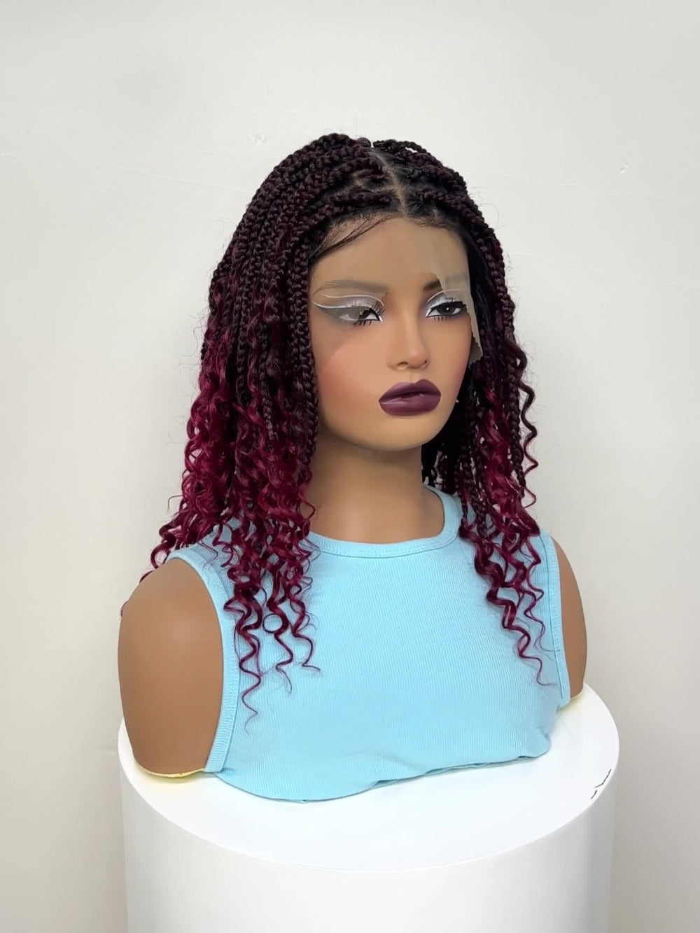Sixteen-Inch Braided Wig with Full Lace Cap, Curly Ends and Four Black or Multicolor Checkout Options