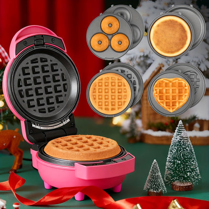 Compact Four-in-One Waffle Maker with Removable Round Plates in Graphite, Red or Blue Checkout Colors