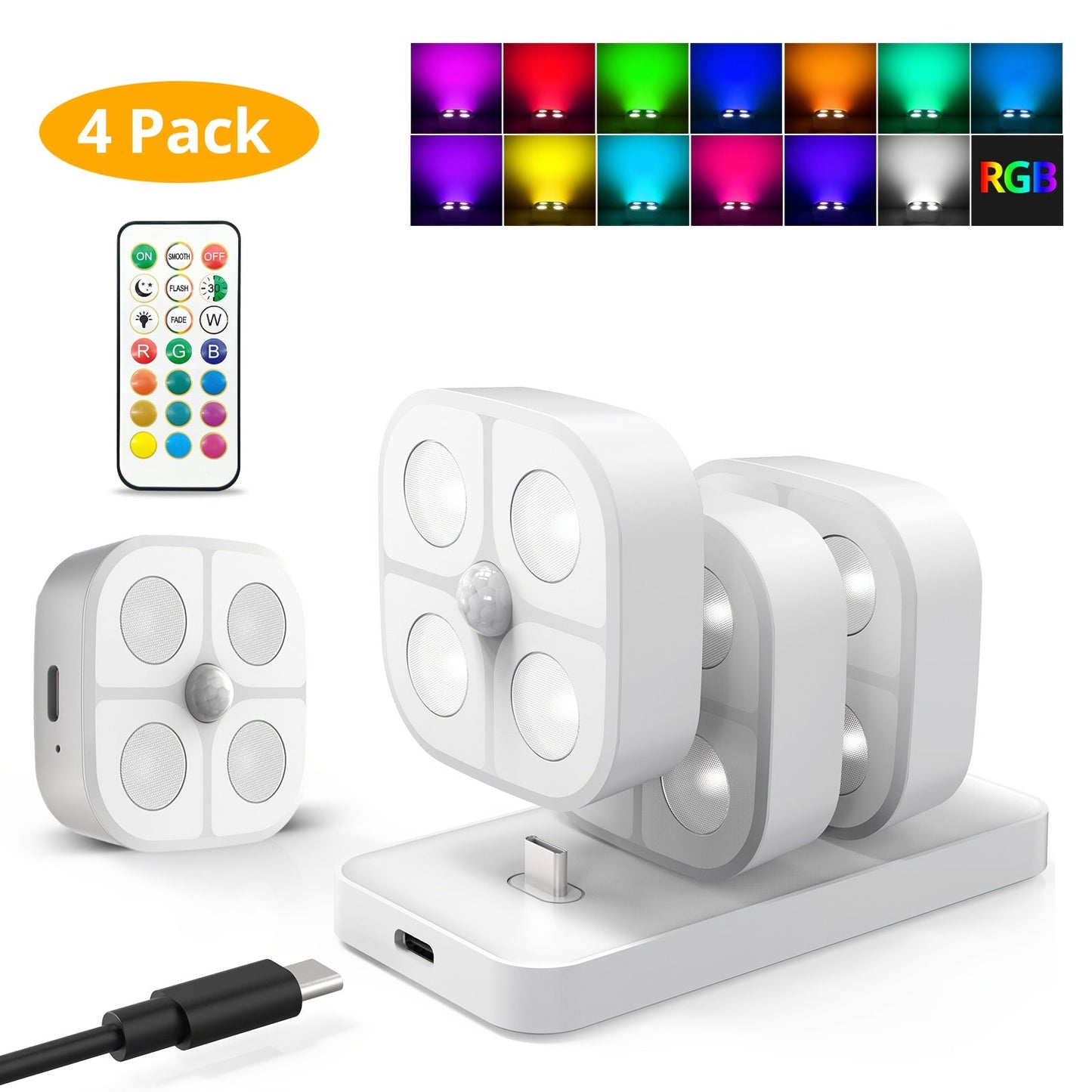 Puck Lights Rechargeable RGB with Charging Station - Motion Sensor Under Cabinet Lighting, Wireless LED Closet Lights with Remote Control, Color Changing Night Light for Hallway Stairway Bathroom Bedroom Kitchen, 3/4/6 Pack