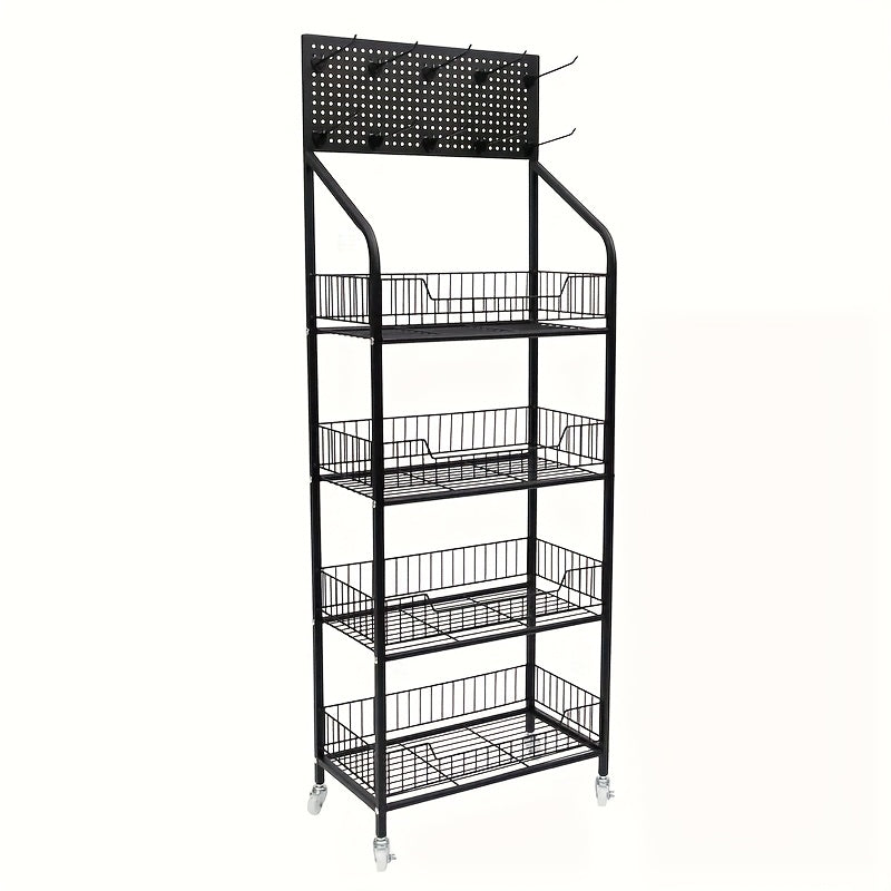 Four-Tier Rolling Display Rack with Wire Basket Shelves, Top Sign Panel and Exact 55 by 24 by 11 Option