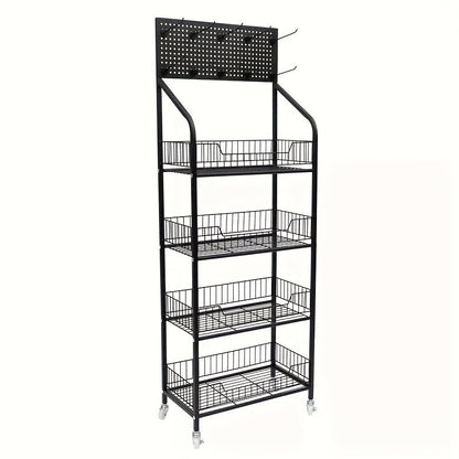 Four-Tier Rolling Display Rack with Wire Basket Shelves, Top Sign Panel and Exact 55 by 24 by 11 Option