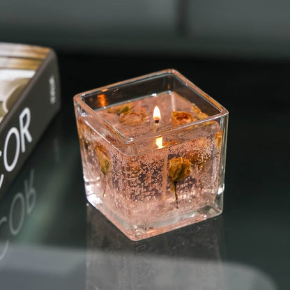 550g Floral Inlay Candle in Approximate 8 x 8cm Square Glass Jar, Single Wick and Two Styles