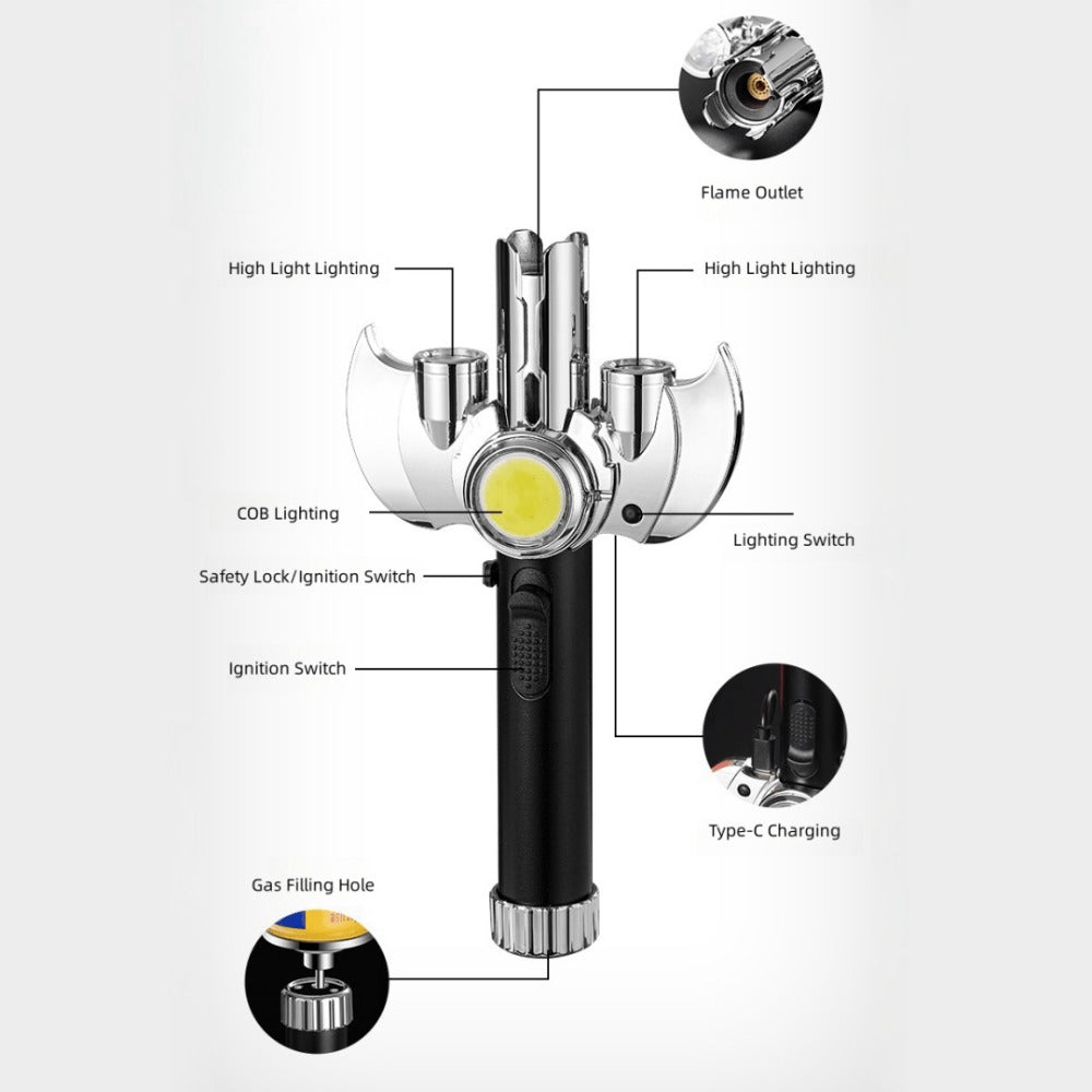 Multi-Nozzle Metal Torch Lighter with COB Auxiliary Light and Black or Silver-Tone Finish Options
