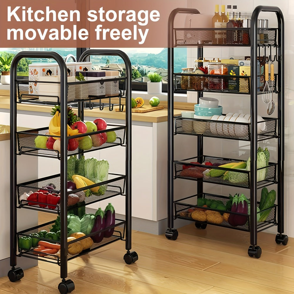 Three-, Four- or Five-Tier Black Carbon Steel Rolling Storage Cart with Detachable Wire Baskets