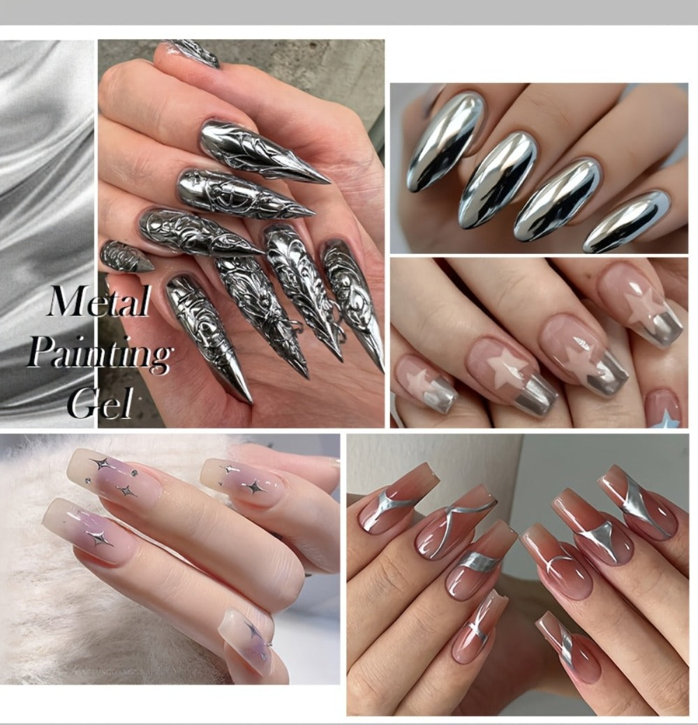 Metallic Silver Nail Art Painting Gel in 7ml LILYCUTE Jar with Fine Detail Brush for Lines and Floral Patterns
