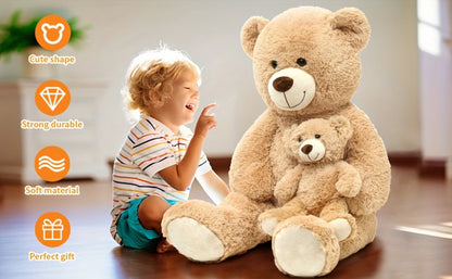 Stuffed Animal Mommy and Baby Teddy Bear Two-Piece Set in Light Brown with Large Cuddly Design