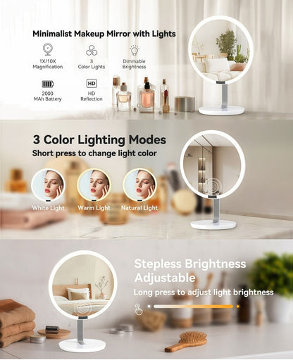 LED Makeup Mirror with Lights & 10X Magnification - Touch Dimming Desktop Vanity Mirror, Adjustable Brightness, Portable Handheld Design for Bathroom, Bedroom & Office, Ideal Gift for Women