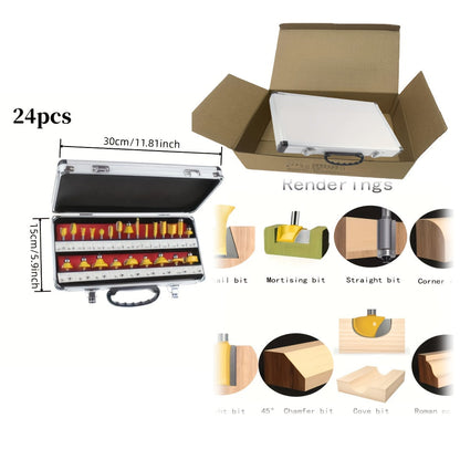 Carbide-Tipped Router Bit Set with 1/4-Inch Shanks and Metal Case in 24- or 35-Piece Options