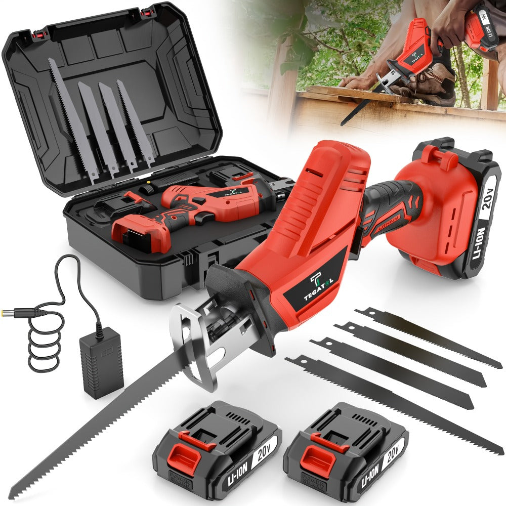Electric Reciprocating Saw Cordless with LED Light & Safety Lock – Multi-Purpose Cutting Tool with Replaceable Blades, 1 or 2 Battery Options, Carrying Case Included