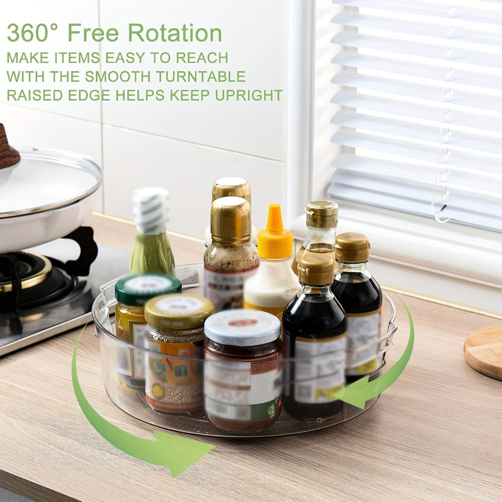Clear Lazy Susan Turntable Organizer Four-Pack with 11.5-Inch Round Trays, Side Handles and Raised Edges