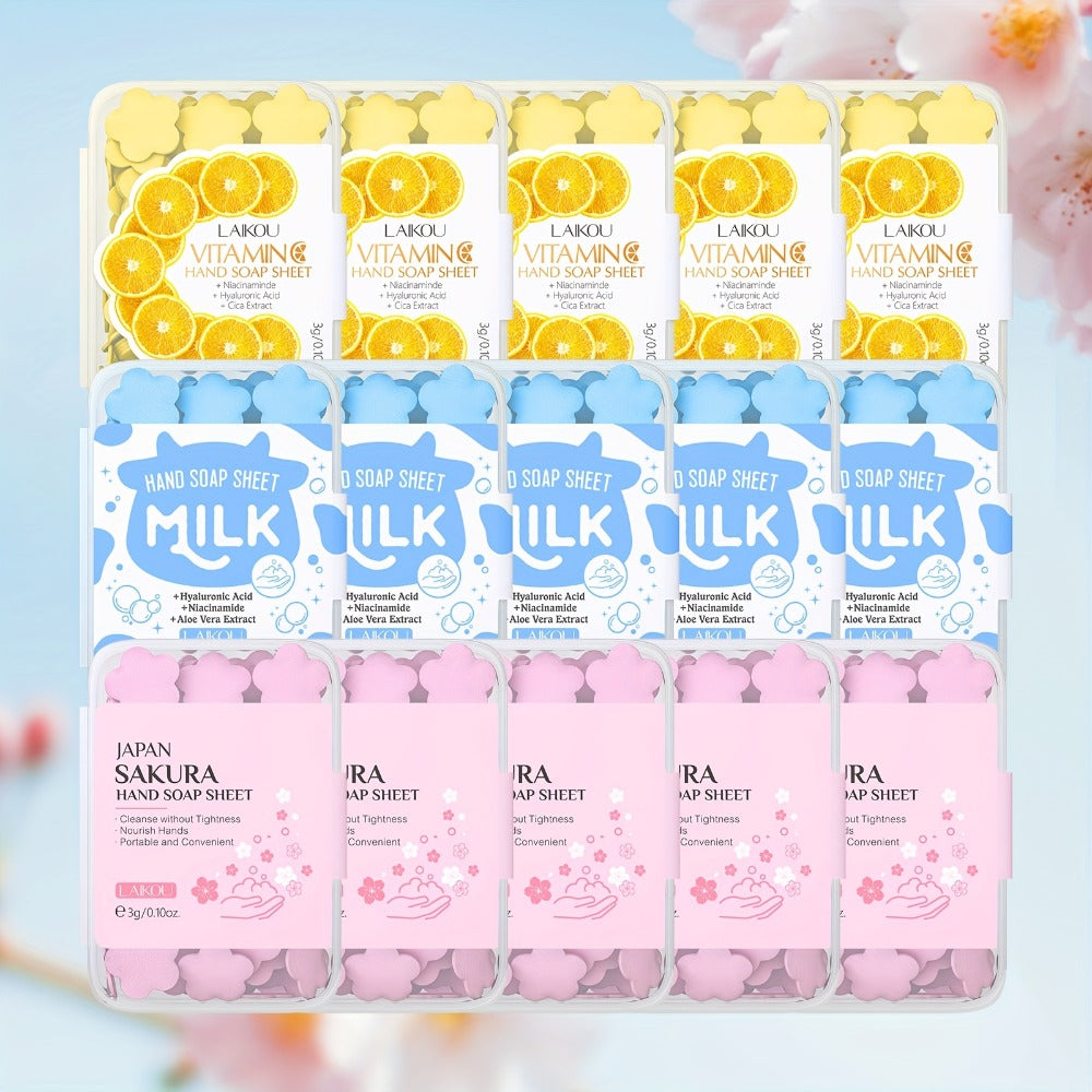 15-Box Travel Soap Paper Sheet Set in Milk, Vitamin C and Sakura-Labeled Scented Formats for Daily Carry