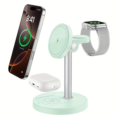 3-in-1 Wireless Charging Station 6 Colors Fast Qi Charger for iPhone 17/16/15/14/13/12, Apple Watch Ultra/Series 11/10/9/SE & AirPods 4/3/2 Pro – Anti-Slip Foreign Object Detection | Pink White Black Purple Green Blue