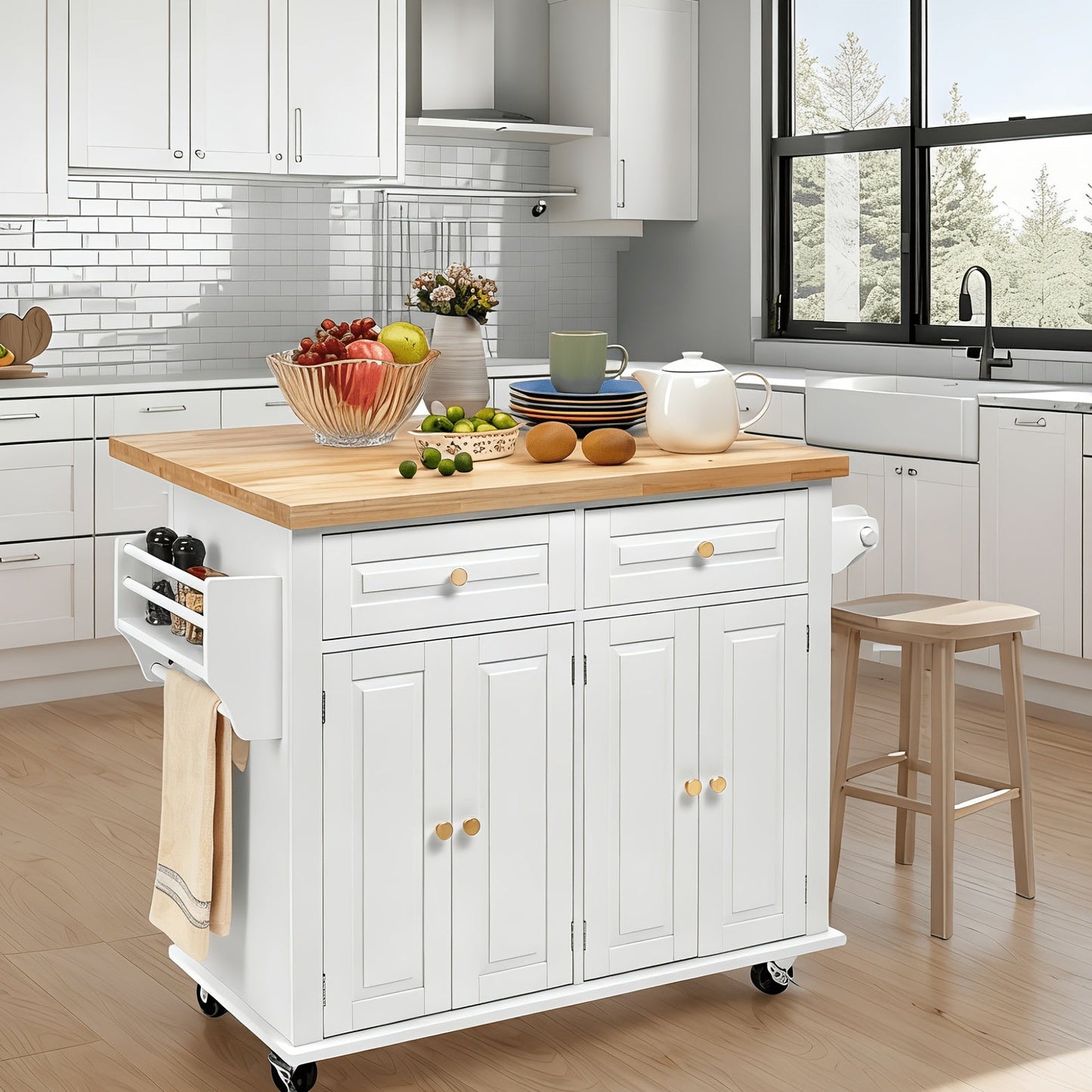 Kitchen Island Cart, Rolling Kitchen Island with Drop Leaf 43 Inch Rubberwood Top Portable shown in the main product view