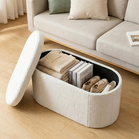 Storage Ottoman, Bench with Lid, Folding Cushioned Foot Rest Stool 30/43 Inch Oval Round shown in the main product view
