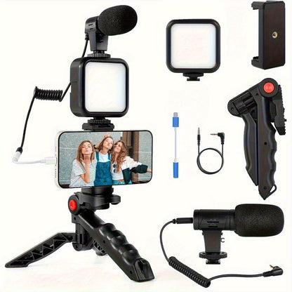 Cardioid Microphone Vlogging Kit for Phone with Mini LED Video Light & Pistol Grip Tripod for an Everyday Personal Care Routine