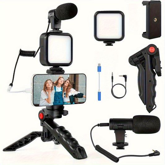 Cardioid Microphone Vlogging Kit for Phone with Mini LED Video Light & Pistol Grip Tripod – Portable Content Creation Setup for YouTube TikTok Instagram Live Streaming Video Calls iPhone Android