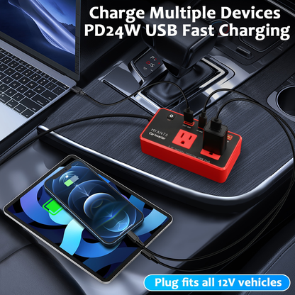 Red 200W Car Power Inverter with Two AC Outlets, USB-A and USB-C Ports, Switch and 12V Plug