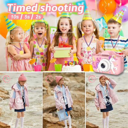 Kids Digital Camera with Rear Screen, Cartoon Unicorn or Dinosaur Shell and Pink, Purple, Blue or Green Options