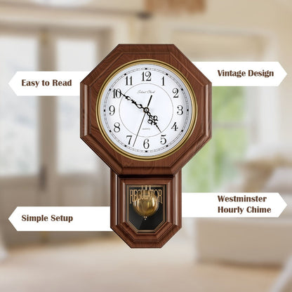 Two-Piece Octagonal Pendulum Wall Clock Set with 30 x 45 cm Frame and Brown or Mahogany-Colored Finish