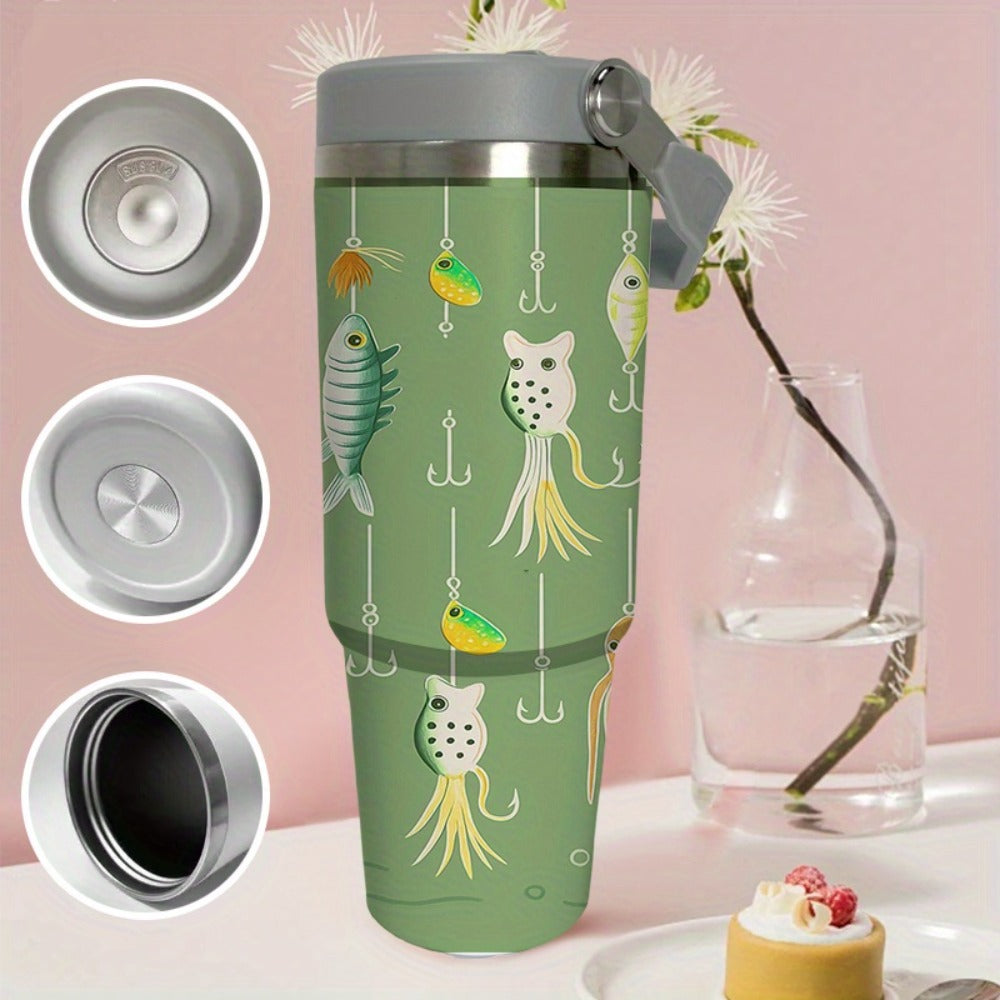30oz Green Fish-Print Travel Mug with Carry Handle, Straw Lid and Tapered Cup-Holder Base Design