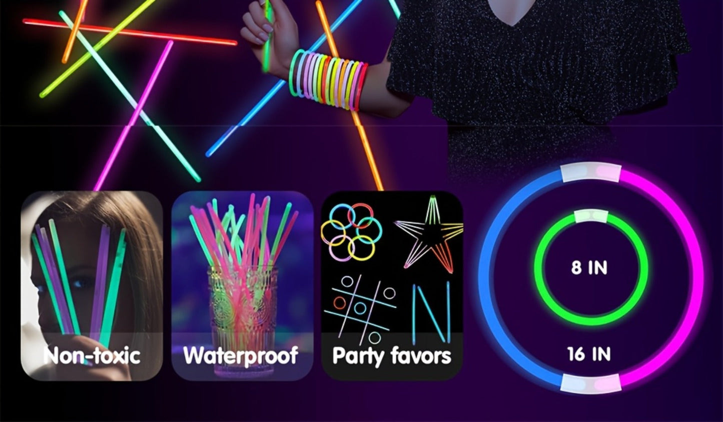 144-Piece 8-Inch Glow Stick Party Pack in Seven Pictured Colors with Bracelet and Necklace Connectors