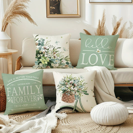 Farmhouse Eucalyptus Leaves Throw Pillow Covers 4 Pack Floral Bicycle Spring Summer Seasonal Decor Cushion Covers 18x18 Inch Rustic Holiday Pillowcases for Sofa Couch Porch Patio Living Room Outdoor