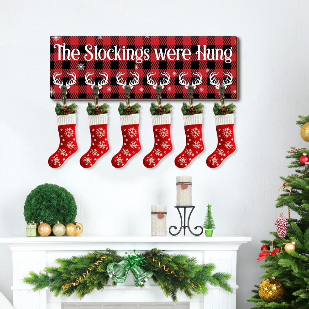 Christmas Stocking Wall Rack with Six Hooks, Red Plaid Sign and The Stockings Were Hung Text
