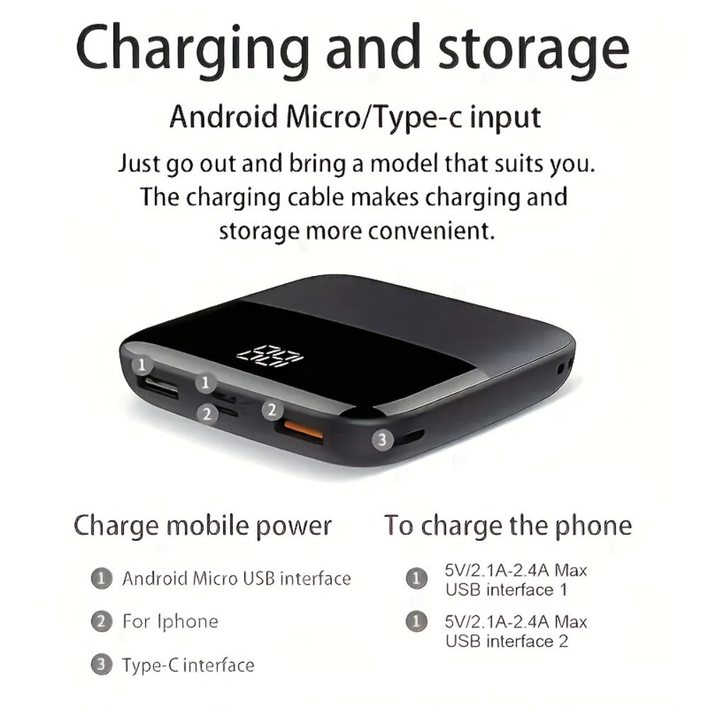 Power Bank 10000mAh Mini with USB-C 5V/2A, Dual USB Outputs and Four Colors for Pocket Travel