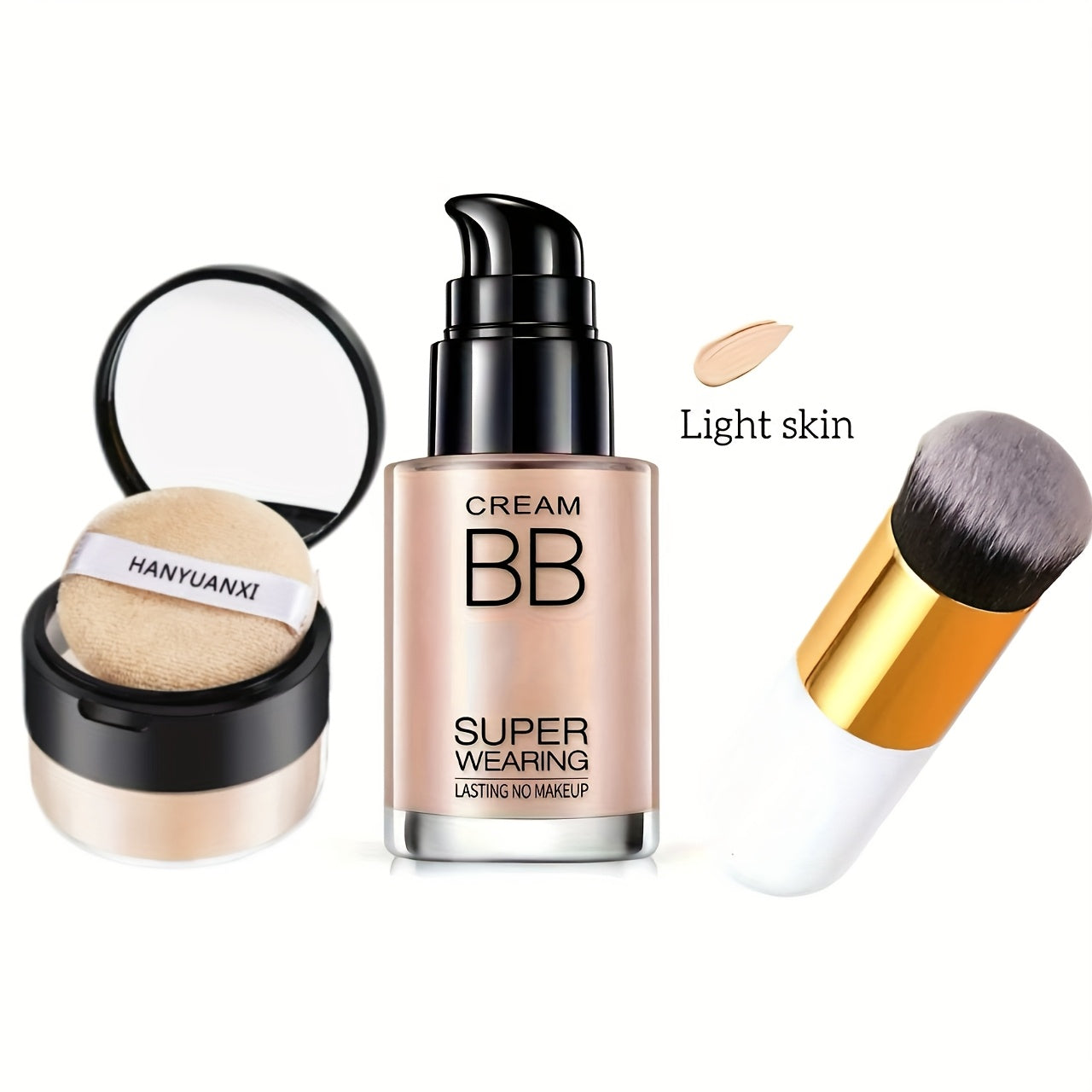 BB Cream Foundation and Setting Powder Set with Brush, Powder Puff and Three Source-Labeled Shades