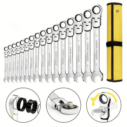 16-Piece Metric Flex-Head Ratcheting Wrench Set with 6 to 22 mm Sizes, 180-Degree Heads and Organizer Roll