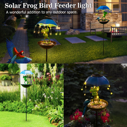 Solar Frog Statue Garden Light with Bird Feeder & LED String Decor, for Garden, Pathway and Patio Lighting