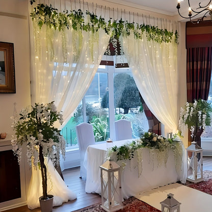 White Sheer Photography Backdrop Set with Two 5.2 x 10 ft Panels, USB String Lights and 10 Clips