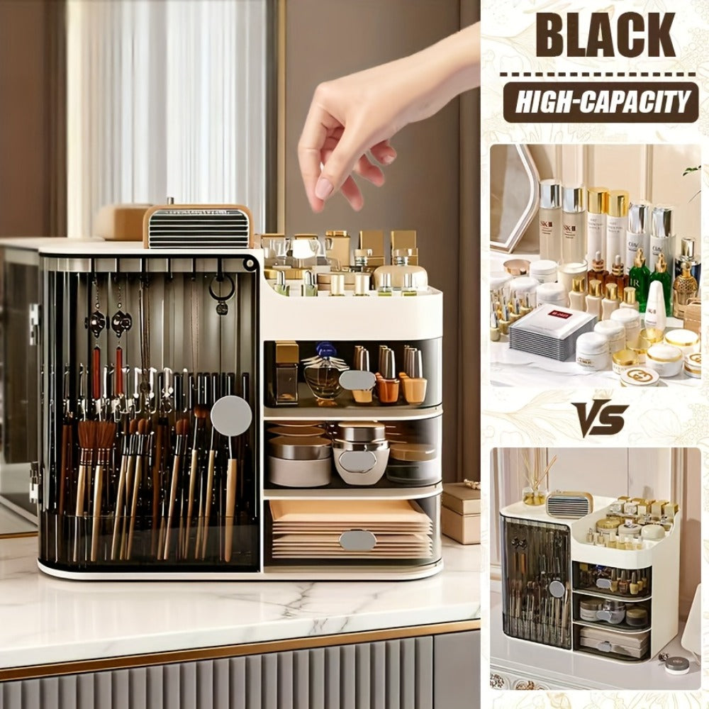 Three-Drawer Makeup Organizer with Mirror in Transparent Black or Cream White Large Checkout Options