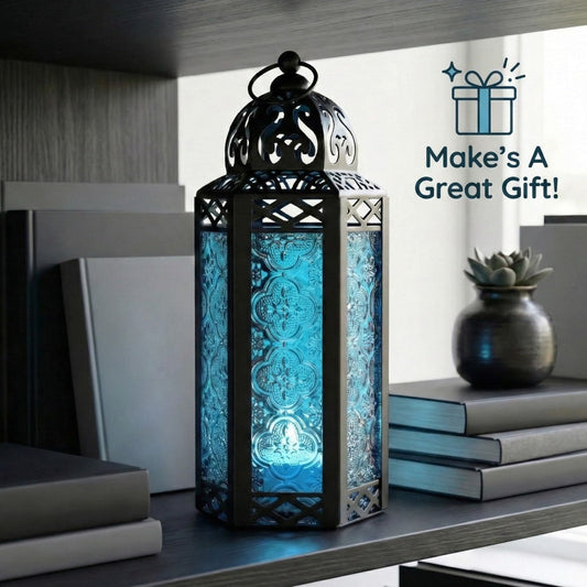 Moroccan Candle Lantern Holder - Decorative Metal & Glass Lantern with Embossed Floral Design for Indoor Home Decor, Garden, Patio, Weddings, Ramadan, Halloween & Holiday Celebrations - 10.5" Tall Medium Size