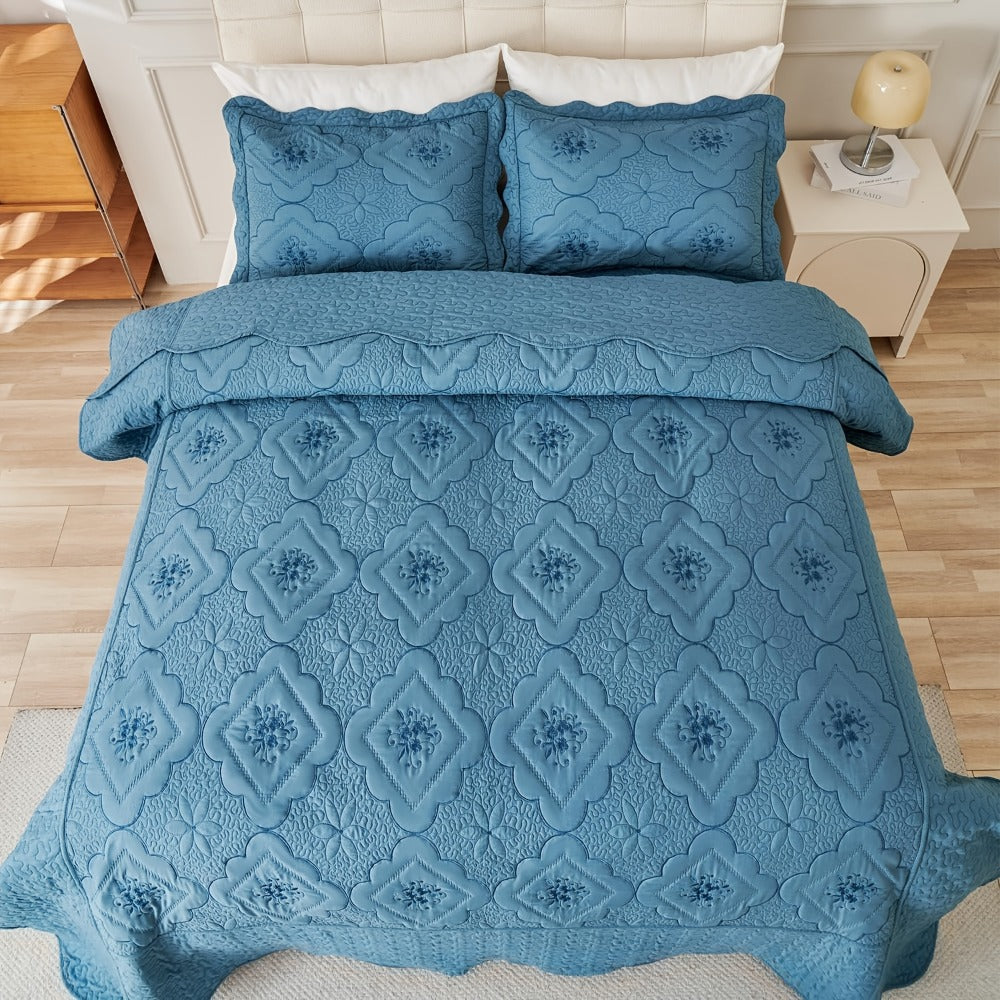 Quilt Set 3 Piece Floral Embroidery Bedspread - 100% Polyester Wrinkle Resistant Lightweight Quilted Coverlet with 2 Pillow Shams for Full Queen King Bed, Elegant Bedroom Decor in 19 Colors