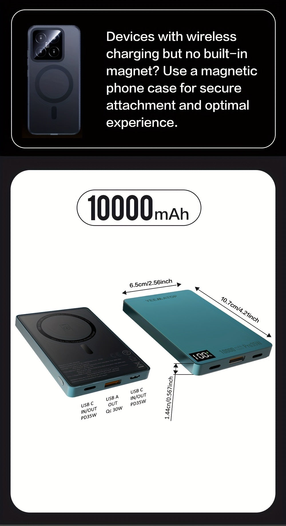 10000mAh Thin Magnetic Power Bank with 35W USB-C and 30W USB-A Port Markings in Four Colors