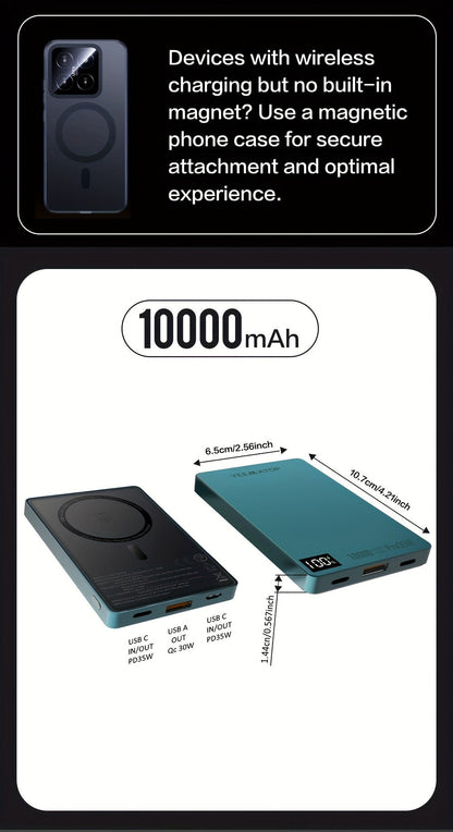 10000mAh Thin Magnetic Power Bank with 35W USB-C and 30W USB-A Port Markings in Four Colors