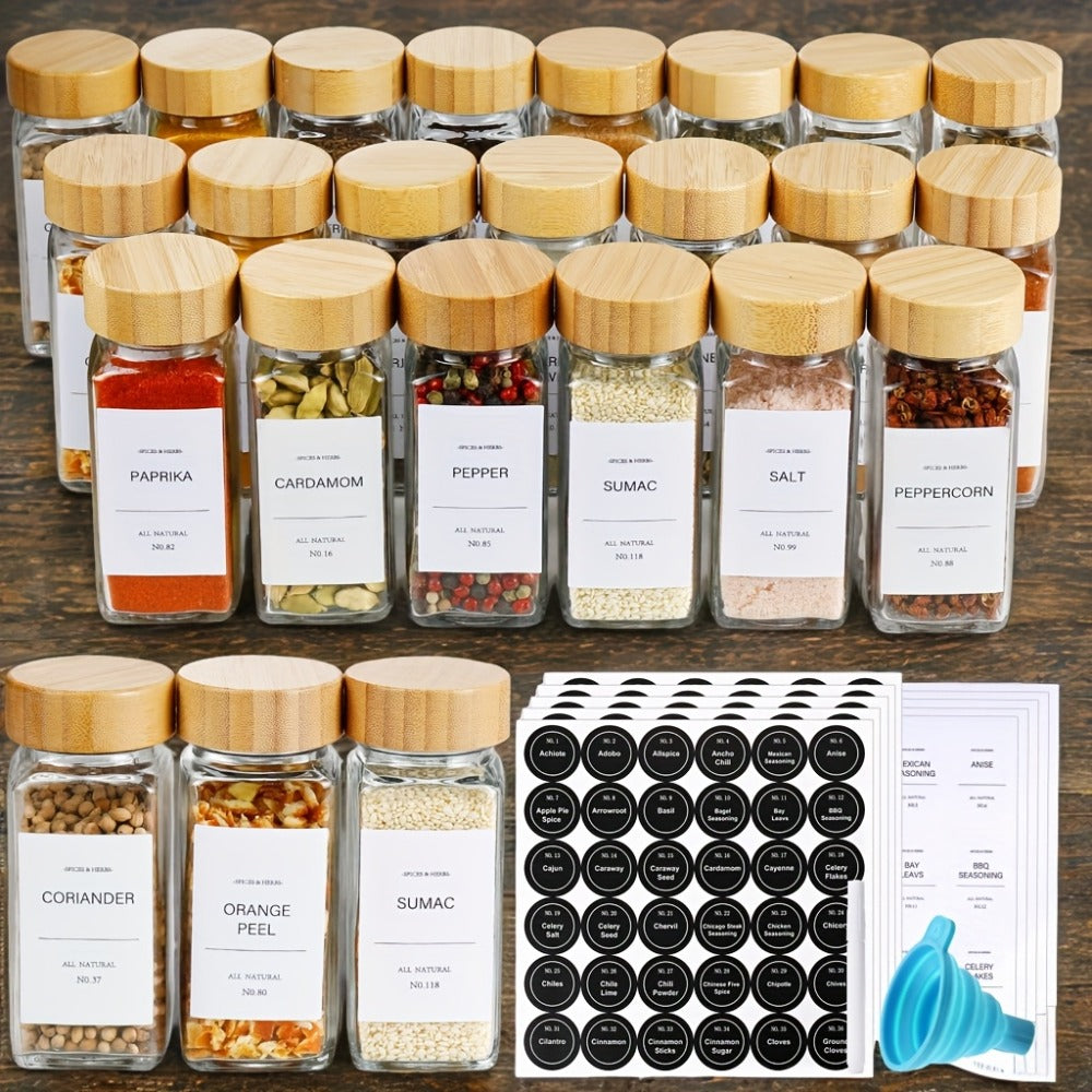 Glass Spice Jars with Labels and Lids 4oz, Empty Spice Bottles with Foldable Funnel for Kitchen Organization, Airtight Condiment Storage Containers for Herbs and Seasonings, Set of 15 24 or 36 Pieces