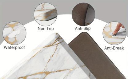 Marble-Pattern Kitchen Floor Mat in Three Exact Rectangular Sizes with Cushioned Low-Profile Form