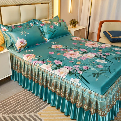 Ruffled Floral Bedspread Mat Set with Two Pillowcases, Twin to King Sizes and Four Pattern Choices