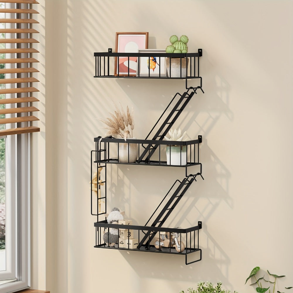 Three-Tier Black Ladder Wall Shelf with 27-Inch Height, Three Baskets and Side Hook Set for Storage