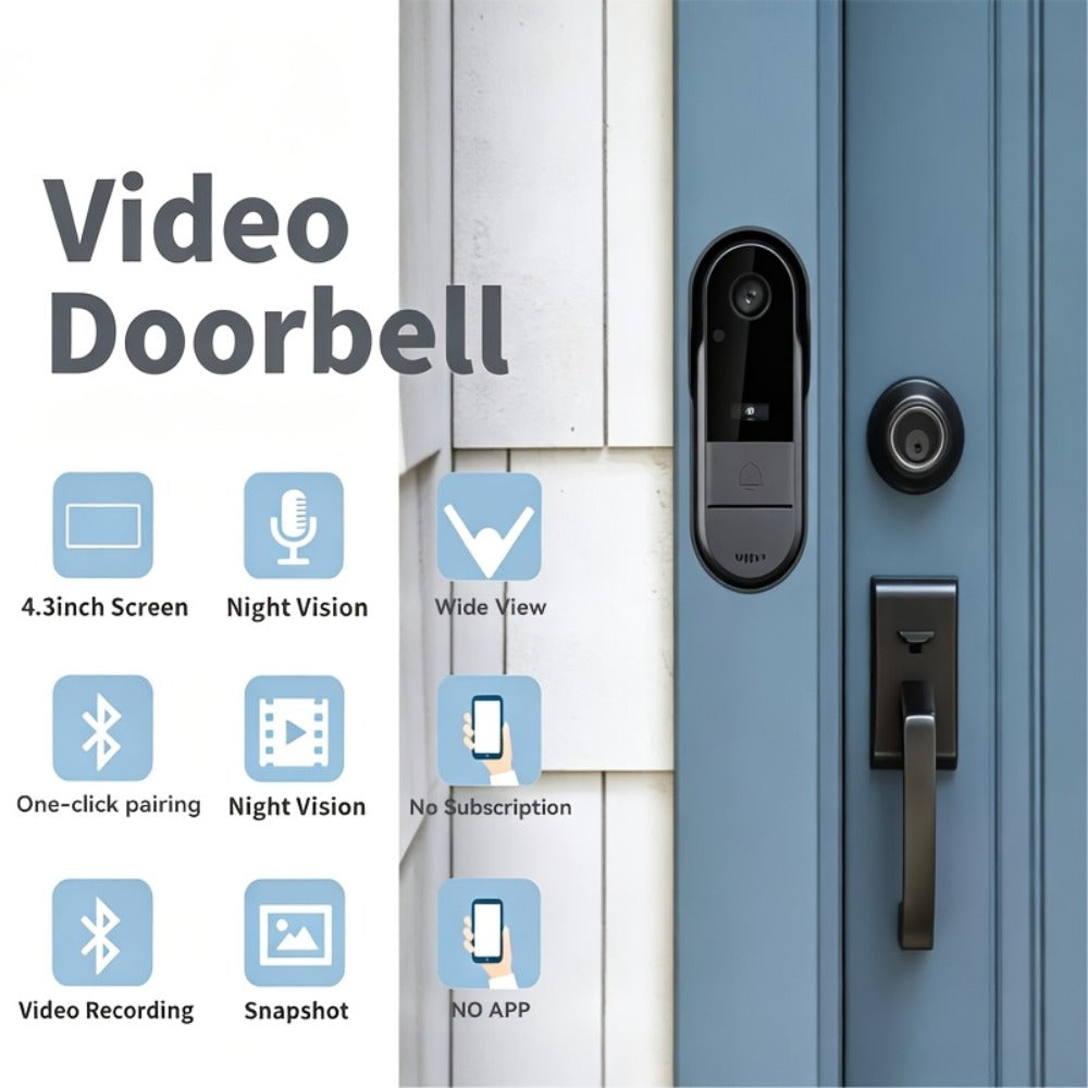 1920P Video Doorbell Camera with 4.3" Monitor & Dual Power - No WiFi No App, Battery & USB, Two-Way Audio, IR Night Vision, SD Card Storage, Wide Angle, One-Button Pairing, Black