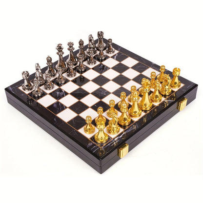 Metal Chess Set with 11.5-Inch Marble-Look Storage Board, Zinc Alloy Pieces and Extra Queens