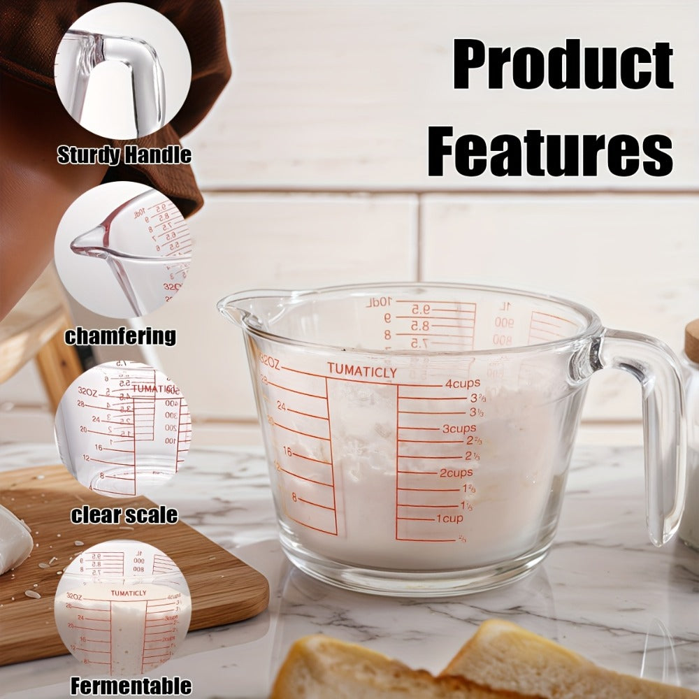 Clear Glass Measuring Cup Set with Pour Spouts, Handles, Red Graduations and One- or Three-Piece Options