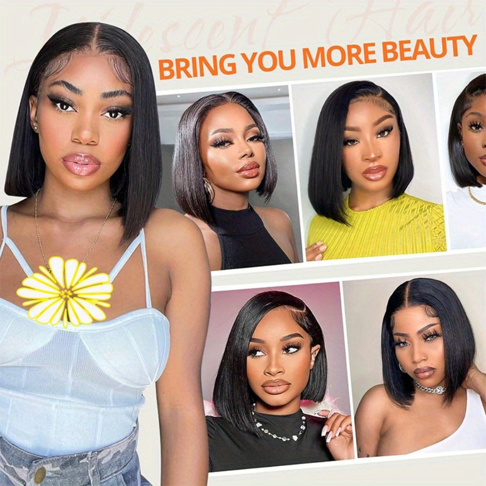 Straight Bob Human-Hair 4x4 Lace Closure Wig in Black with 8, 12, 14 or 16-Inch Length Options