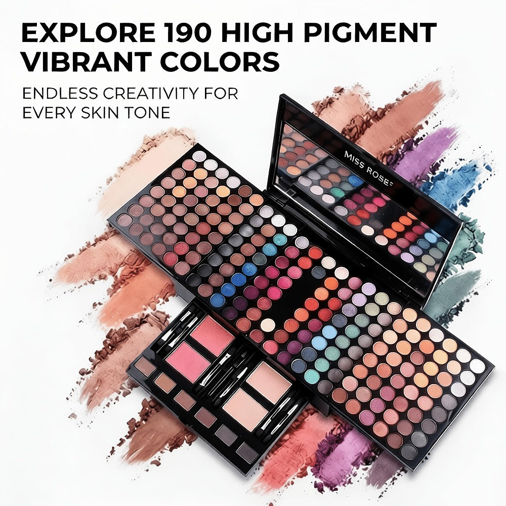Makeup Kit 190-Color Fold-Out Face and Eye Palette with Center Mirror, 144 Eyeshadow Shades and Eight Brushes